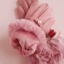 【即納1点のみ】リボンとファーの手袋Lサイズ（ピンク）ラビットファー　ベルベット　パール　グローブ　スエード 4枚目の画像