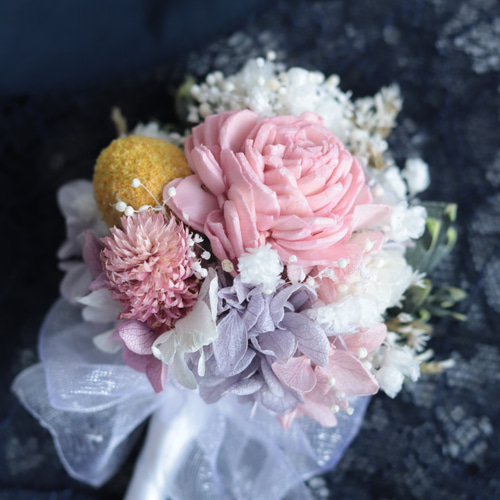 小花ブーケコサージュ」ソーラーローズ&千日紅&ナチュラルグリーン