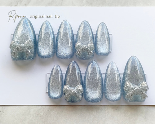 クリアブルー マグネット リボン ネイル ネイルチップ（つけ爪） Rpoco