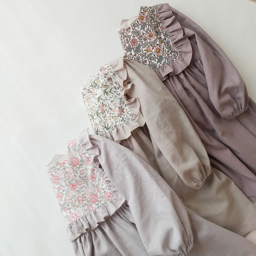 90～120】選べるリバティ♪ハーフリネンのスクエアフリルワンピース