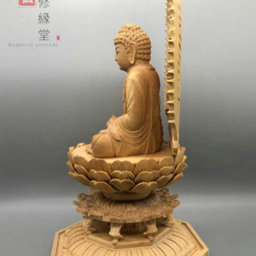 高品質 木彫仏像 釈迦如来座像 釈迦牟尼仏 彫刻 一刀彫 天然木檜