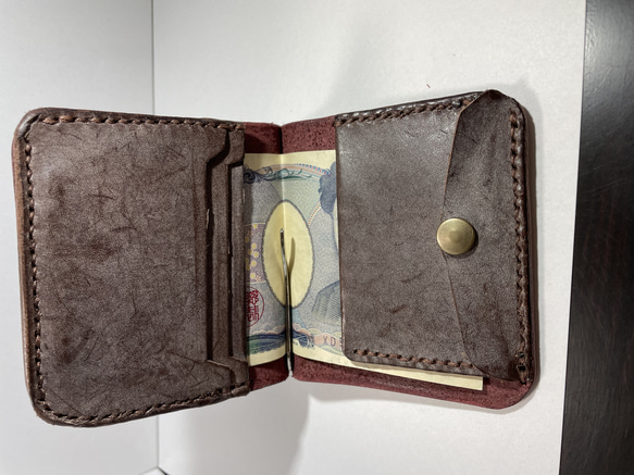 コンパクト札はさみ財布　ミニマリスト向け　本革 1枚目の画像