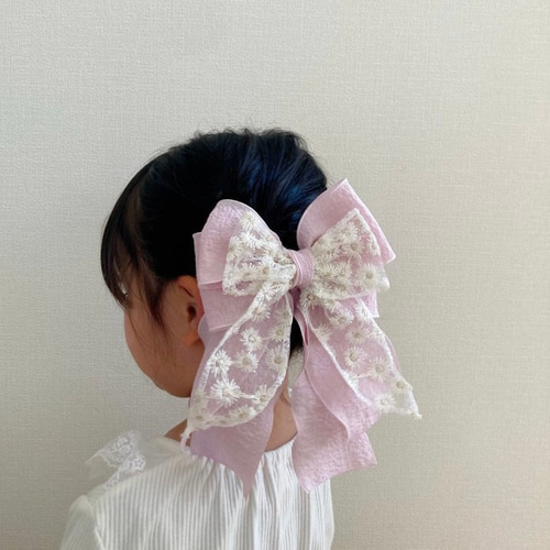 オーダー♡花付ダブルリボン 】ヘアクリップヘアゴムベビー