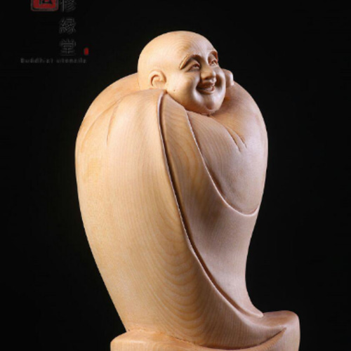極上彫 木彫仏像 七福神 布袋様 彫刻 一刀彫 天然木檜材 C 彫刻