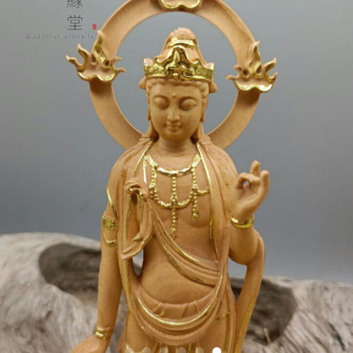 珍品 木彫仏像勢至菩薩立像 柘植材 本金 切金 彫刻 仏教工芸 C