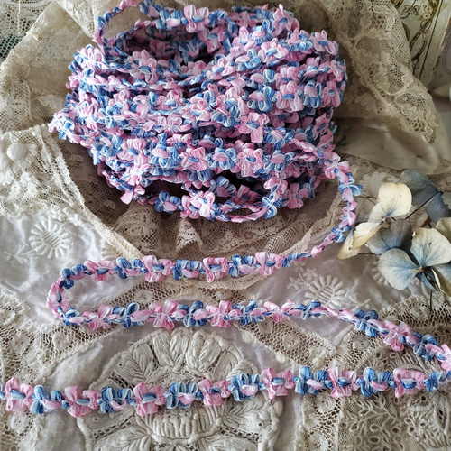 フランスヴィンテージ ロココリボン 水色×ピンク 50cm〜 リボン