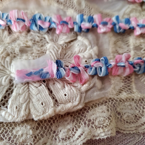 フランスヴィンテージ ロココリボン 水色×ピンク 50cm〜 リボン