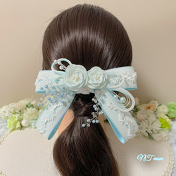 成人式卒業式結婚式・和装水引髪飾り・二つ三重梅リボン・ホワイトブルー 3枚目の画像