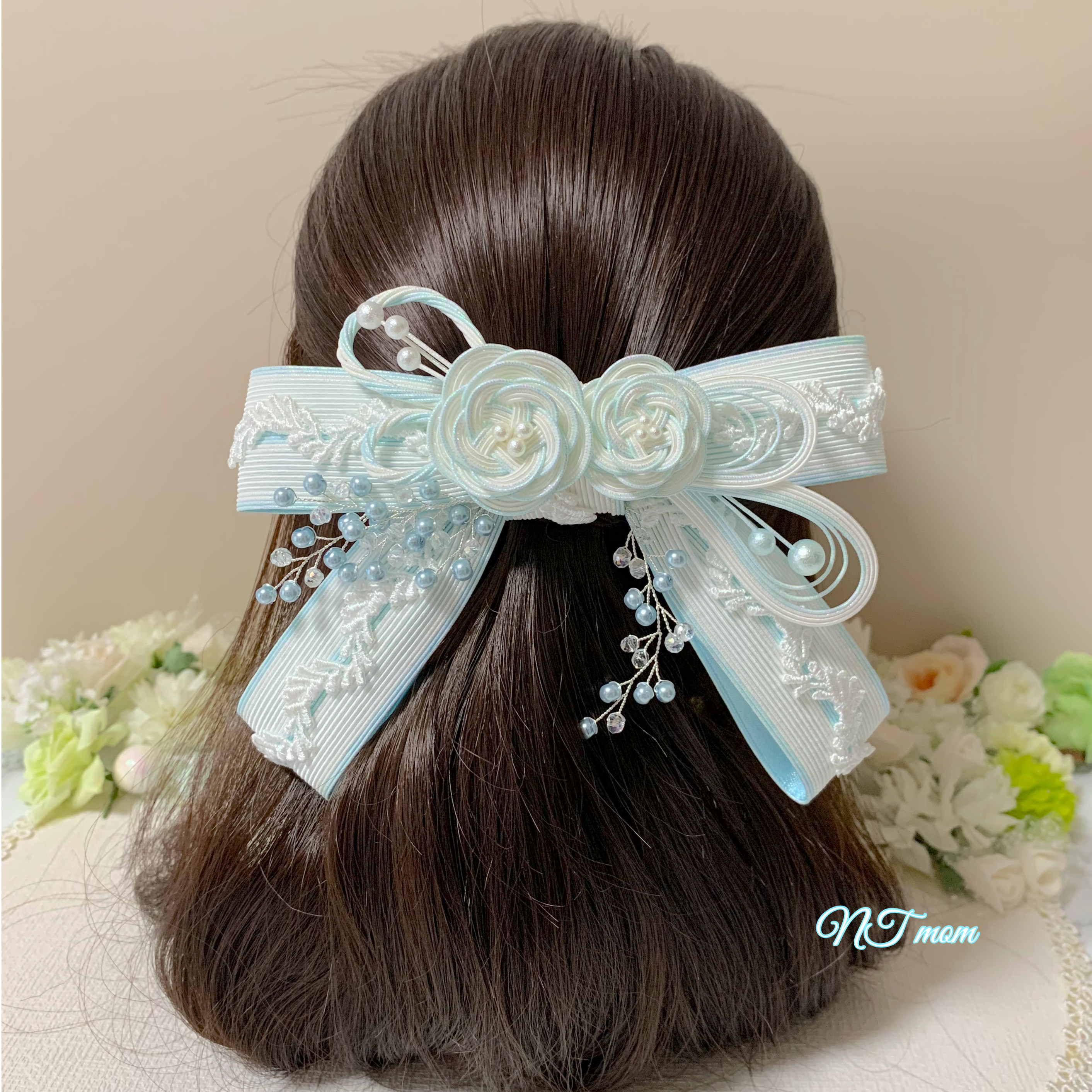 成人式卒業式結婚式・和装水引髪飾り・二つ三重梅リボン・ホワイトブルー