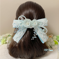 成人式卒業式結婚式・和装水引髪飾り・二つ三重梅リボン・ホワイトブルー 1枚目の画像