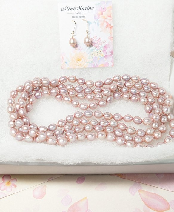 【再販】淡水真珠 シャンパンピンク120cm超ロングネックレス✣ピアスorイヤリング付き✣ 5枚目の画像