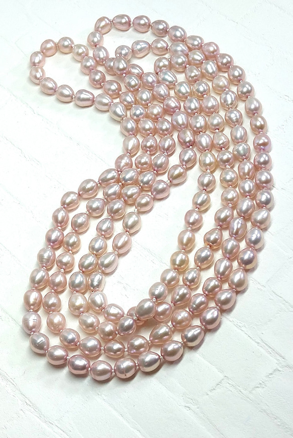 【再販】淡水真珠 シャンパンピンク120cm超ロングネックレス✣ピアスorイヤリング付き✣ 4枚目の画像