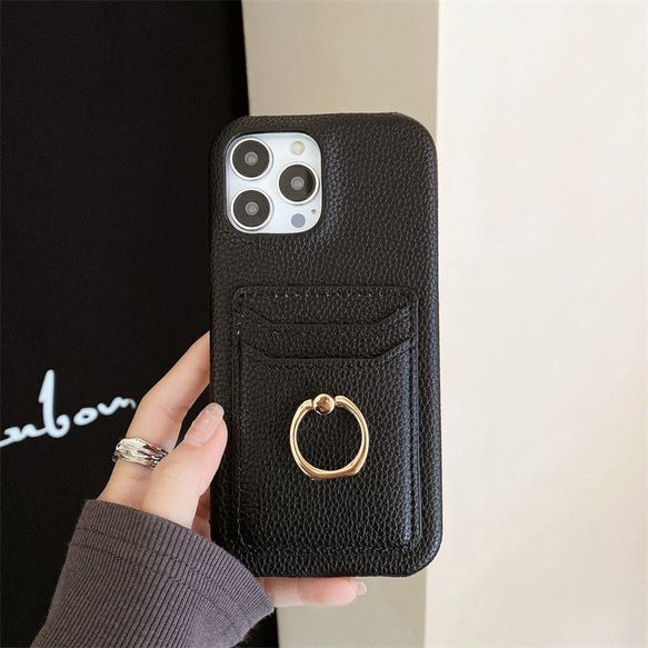 iPhoneケース リング収納付 ブラックカードケース韓国 iPhoneケース 