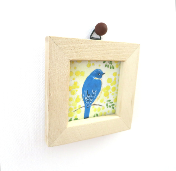 【日本画ポスター】春を告げるミモザと幸せの青い鳥　絵画　ミニ額付　インテリアアート　　 4枚目の画像