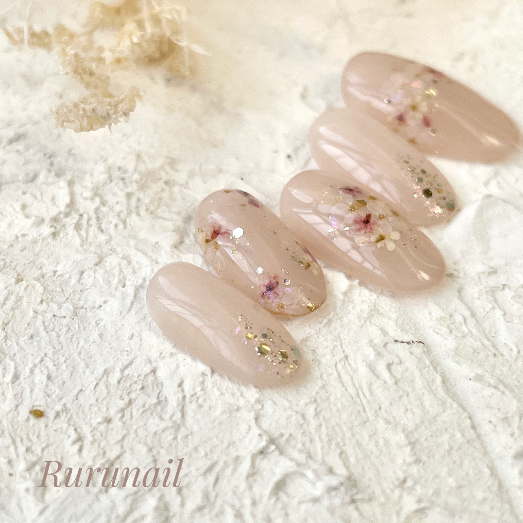 ネイルチップ/押し花/水彩フラワー/ブライダル/パール/589