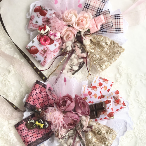 トリミングチョーカー♡LOVEくまさんリボン くまちゃん付キルト風リボンチョーカー【20個入り】 Pet choker