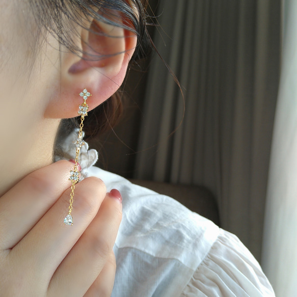 18kgp◆Flower chain otona earrings フラワーチェーンイヤリングロングジルコニア大人っぽい 8枚目の画像