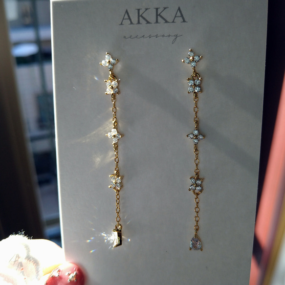 18kgp◆Flower chain otona earrings フラワーチェーンイヤリングロングジルコニア大人っぽい 14枚目の画像