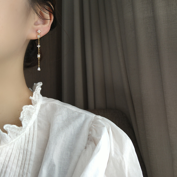 18kgp◆Flower chain otona earrings フラワーチェーンイヤリングロングジルコニア大人っぽい 4枚目の画像