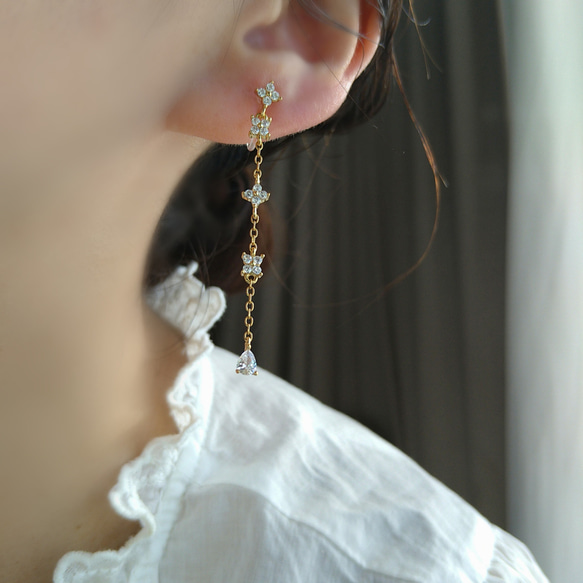 18kgp◆Flower chain otona earrings フラワーチェーンイヤリングロングジルコニア大人っぽい 5枚目の画像