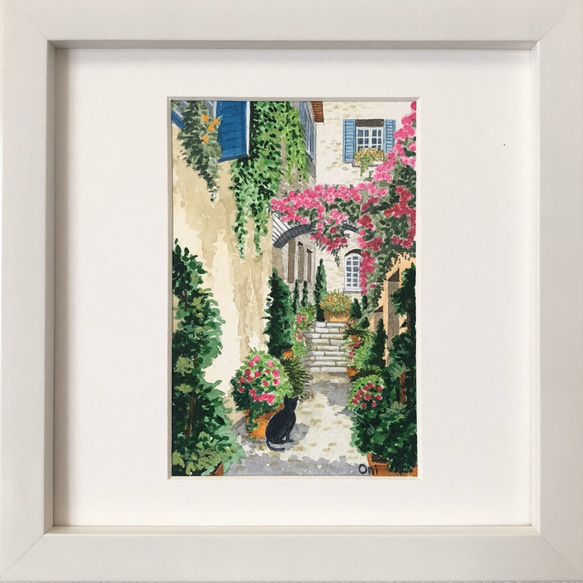 美しい 花の咲く路地03」透明水彩画 原画 Oni 絵画 ハガキサイズ 風景画 絵画