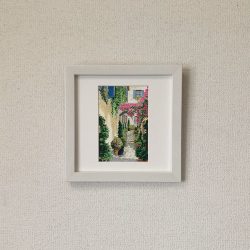 花の咲く路地03」透明水彩画 原画 風景画 ハガキサイズ 絵画 Oni