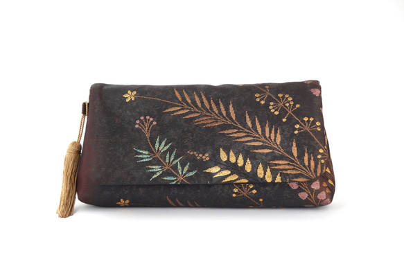 [Black Flower Pattern Silk Obi Remake Lightweight 2Way Clutch Ba 第2張的照片