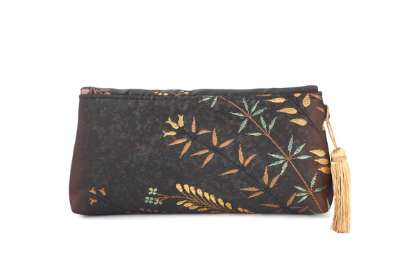 [Black Flower Pattern Silk Obi Remake Lightweight 2Way Clutch Ba 第3張的照片