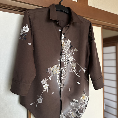 受注製作 レディース着物シャツ七分丈 着物リメイク服 オーダーメイド