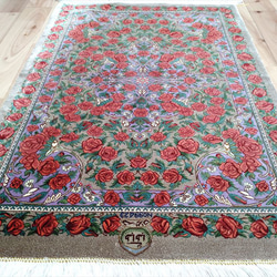 ペルシャ絨毯クム産シルク　薔薇　タバタバイ工房　玄関マット　93x60cm　 5枚目の画像