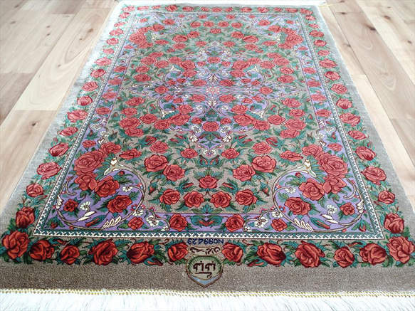 ペルシャ絨毯クム産シルク　薔薇　タバタバイ工房　玄関マット　93x60cm　 5枚目の画像