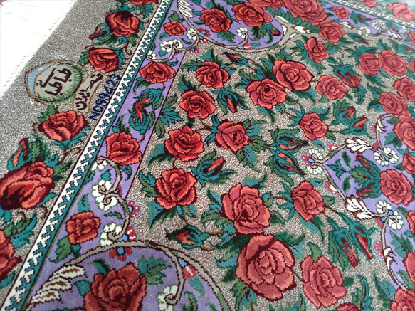 ペルシャ絨毯クム産シルク　薔薇　タバタバイ工房　玄関マット　93x60cm　 11枚目の画像