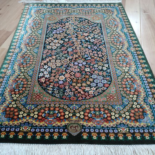 シルク ペルシャ絨毯 クム産 高品質 90x60cm 手織り ラグ 玄関マット