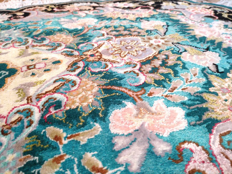 ペルシャ絨毯タブリーズ産フラワー　楕円　ウール&シルク　玄関マット　96Φ60cm