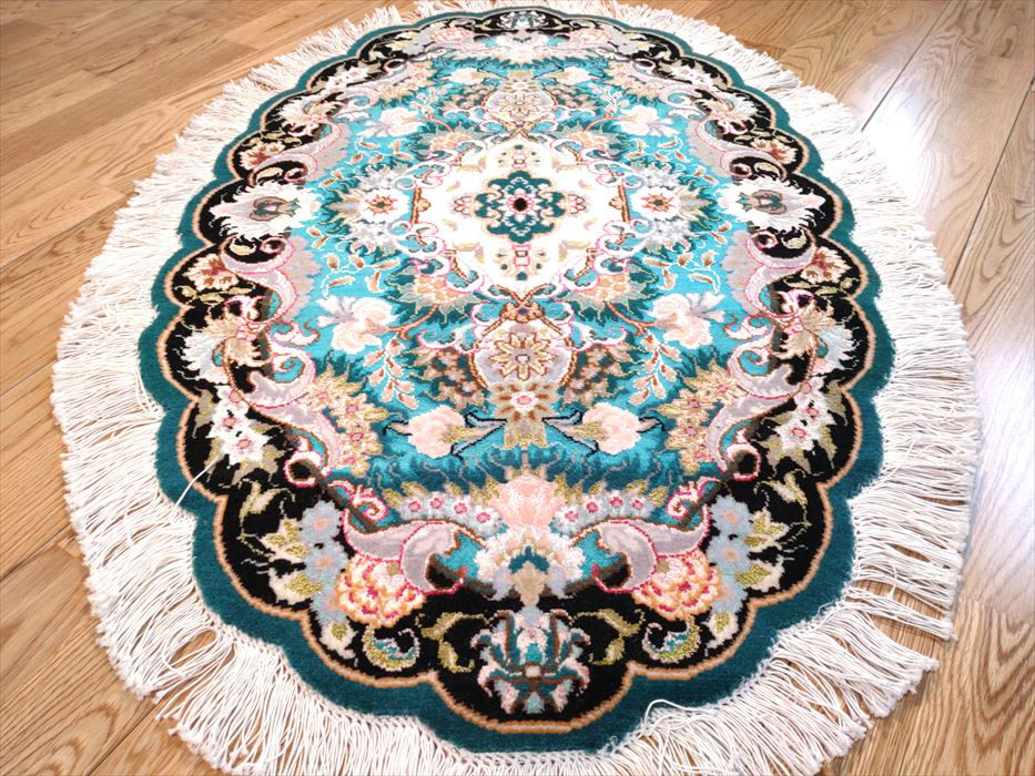 ペルシャ絨毯タブリーズ産フラワー　楕円　ウール&シルク　玄関マット　96Φ60cm