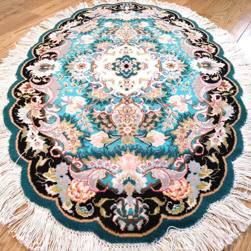 ペルシャ絨毯タブリーズ産フラワー 楕円 ウール&シルク 玄関マット