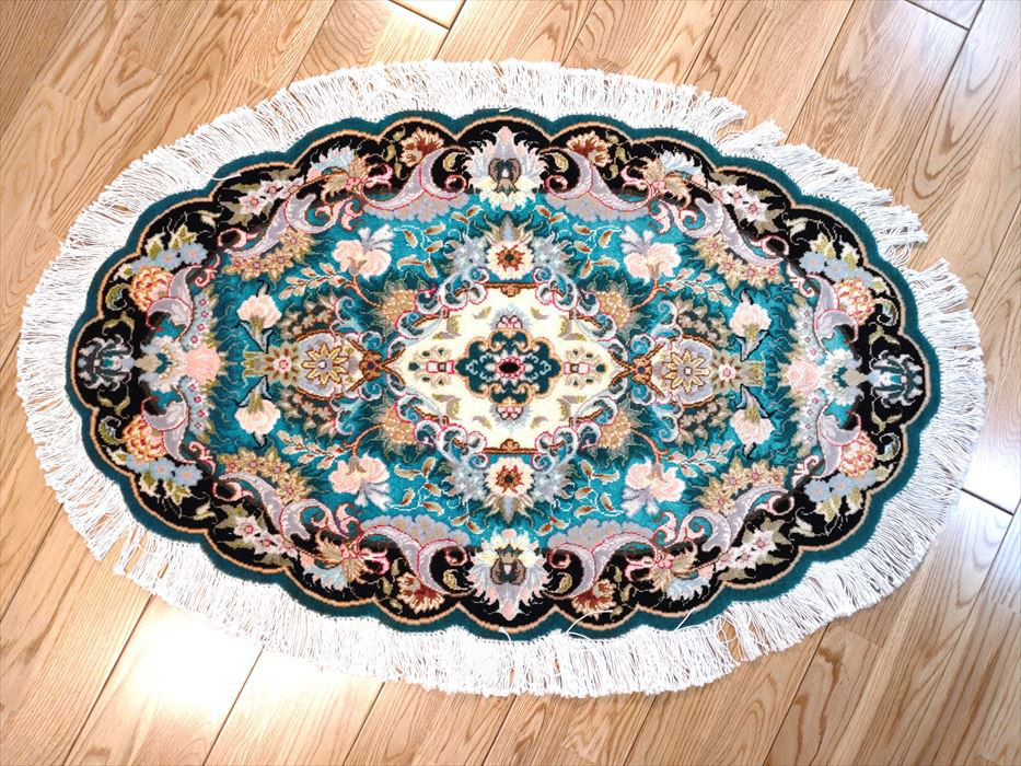 ペルシャ絨毯タブリーズ産フラワー　楕円　ウール&シルク　玄関マット　96Φ60cm