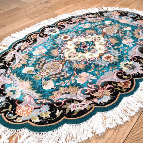 ペルシャ絨毯タブリーズ産フラワー 楕円 ウール&シルク 玄関マット