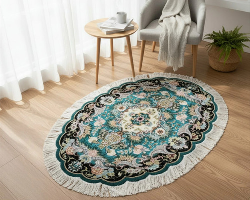 ペルシャ絨毯タブリーズ産フラワー 楕円 ウール&シルク 玄関マット