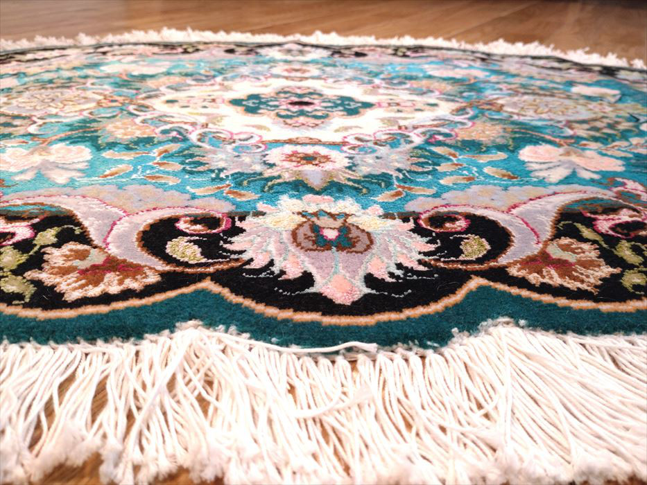 ペルシャ絨毯タブリーズ産フラワー　楕円　ウール&シルク　玄関マット　96Φ60cm