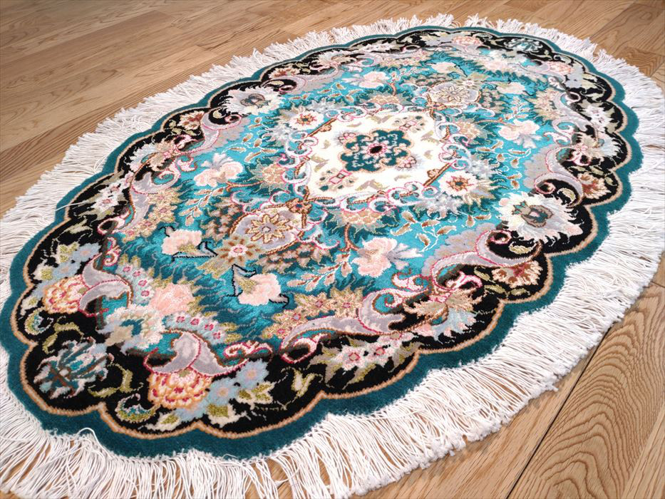 ペルシャ絨毯タブリーズ産フラワー　楕円　ウール&シルク　玄関マット　96Φ60cm