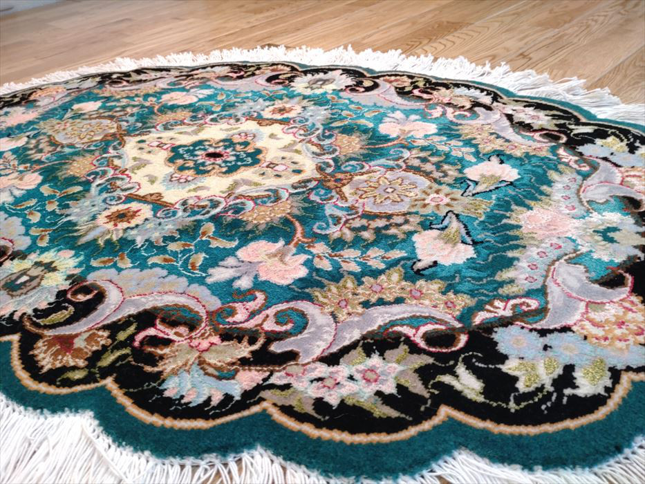 ペルシャ絨毯タブリーズ産フラワー　楕円　ウール&シルク　玄関マット　96Φ60cm