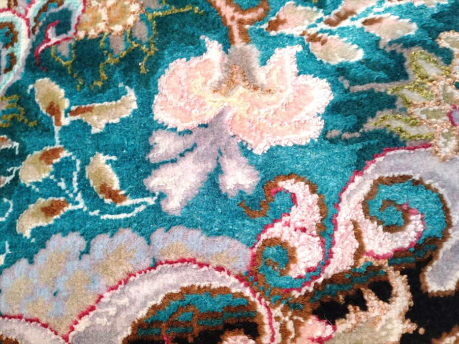 ペルシャ絨毯タブリーズ産フラワー　楕円　ウール&シルク　玄関マット　96Φ60cm