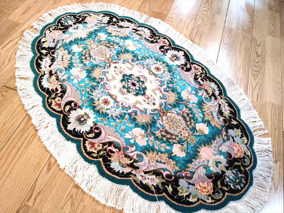 ペルシャ絨毯タブリーズ産フラワー　楕円　ウール&シルク　玄関マット　96Φ60cm