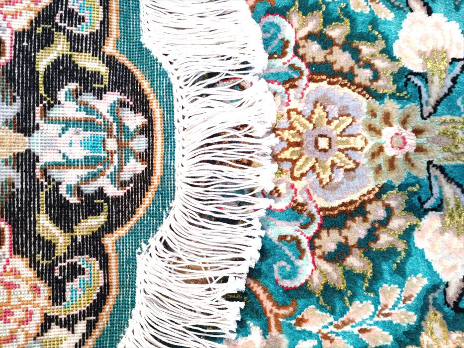 ペルシャ絨毯タブリーズ産フラワー　楕円　ウール&シルク　玄関マット　96Φ60cm