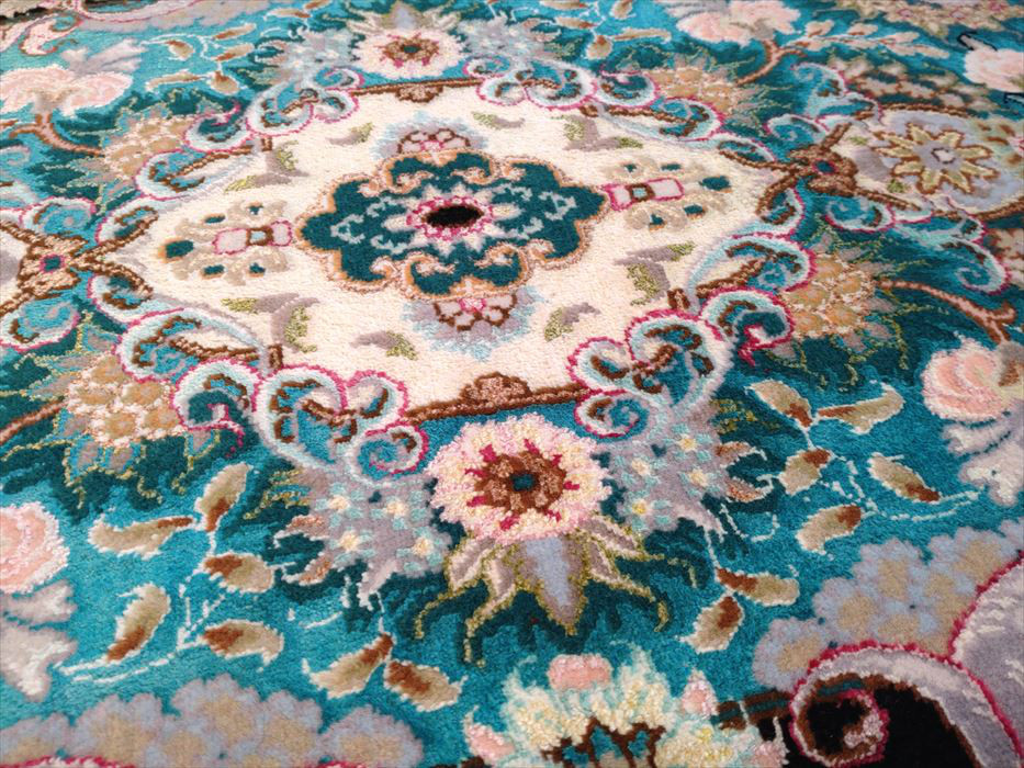 ペルシャ絨毯タブリーズ産フラワー　楕円　ウール&シルク　玄関マット　96Φ60cm