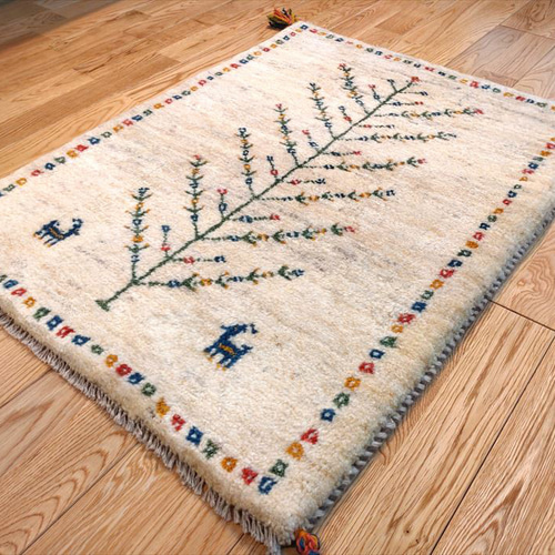 ペルシャ ギャッベ 玄関マット 86×62 アイボリー 生命の木