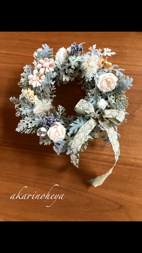 2024 シロタエギクのナチュラルリース　アーティフィシャルフラワー　creema限定　28㎝　 7枚目の画像