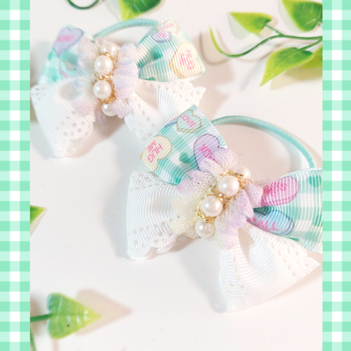 新作❗キッズ用☆キャンディハーツ柄リボンのヘアゴム 雑貨・その他