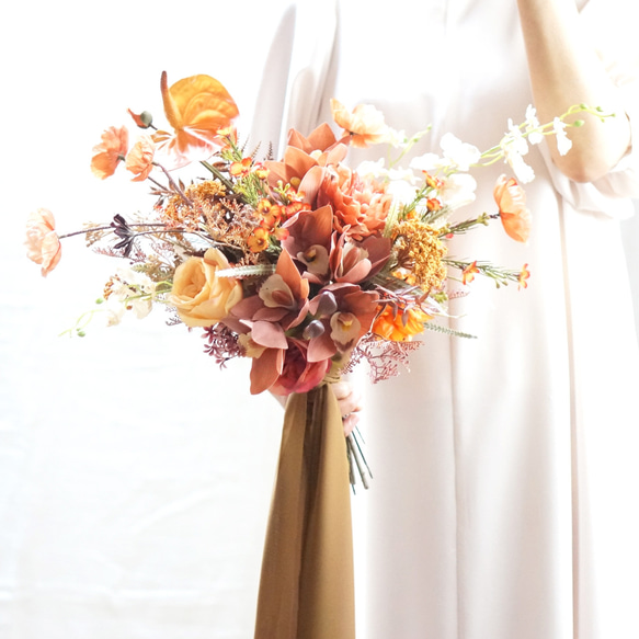 テラコッタ オレンジ系 ウェディングブーケ ブートニアセット